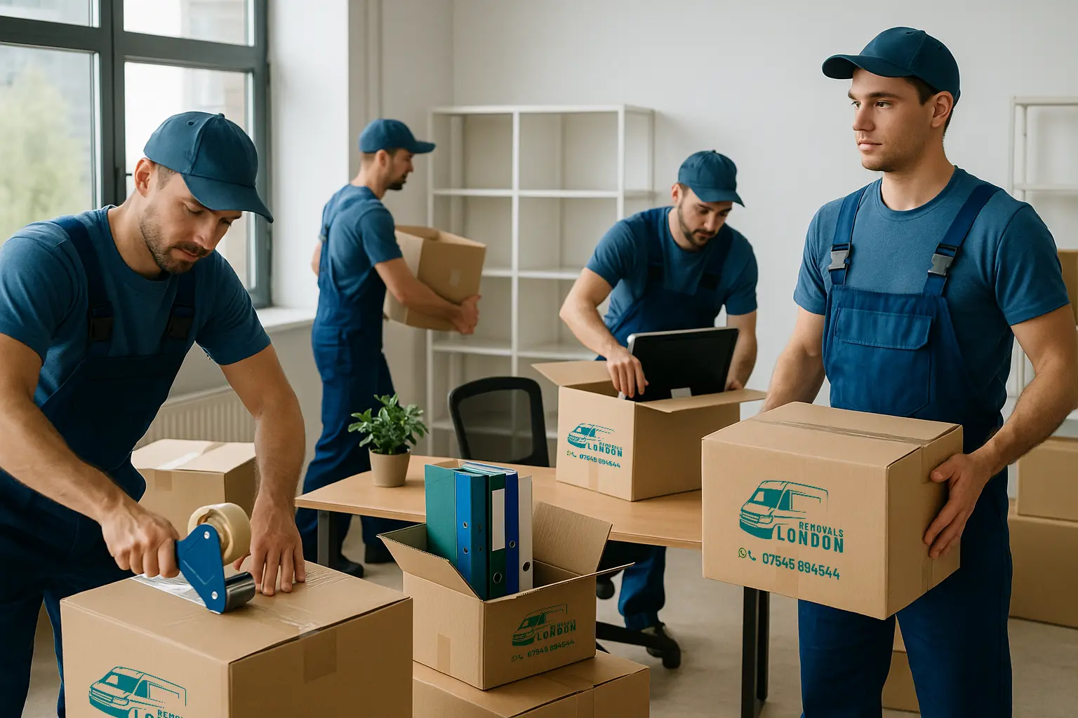 Office removals team packing boxes